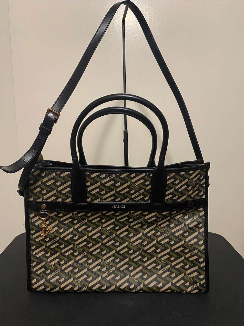 Versace Black, Beige and Olive Green Patterned Tote with Gold Accents